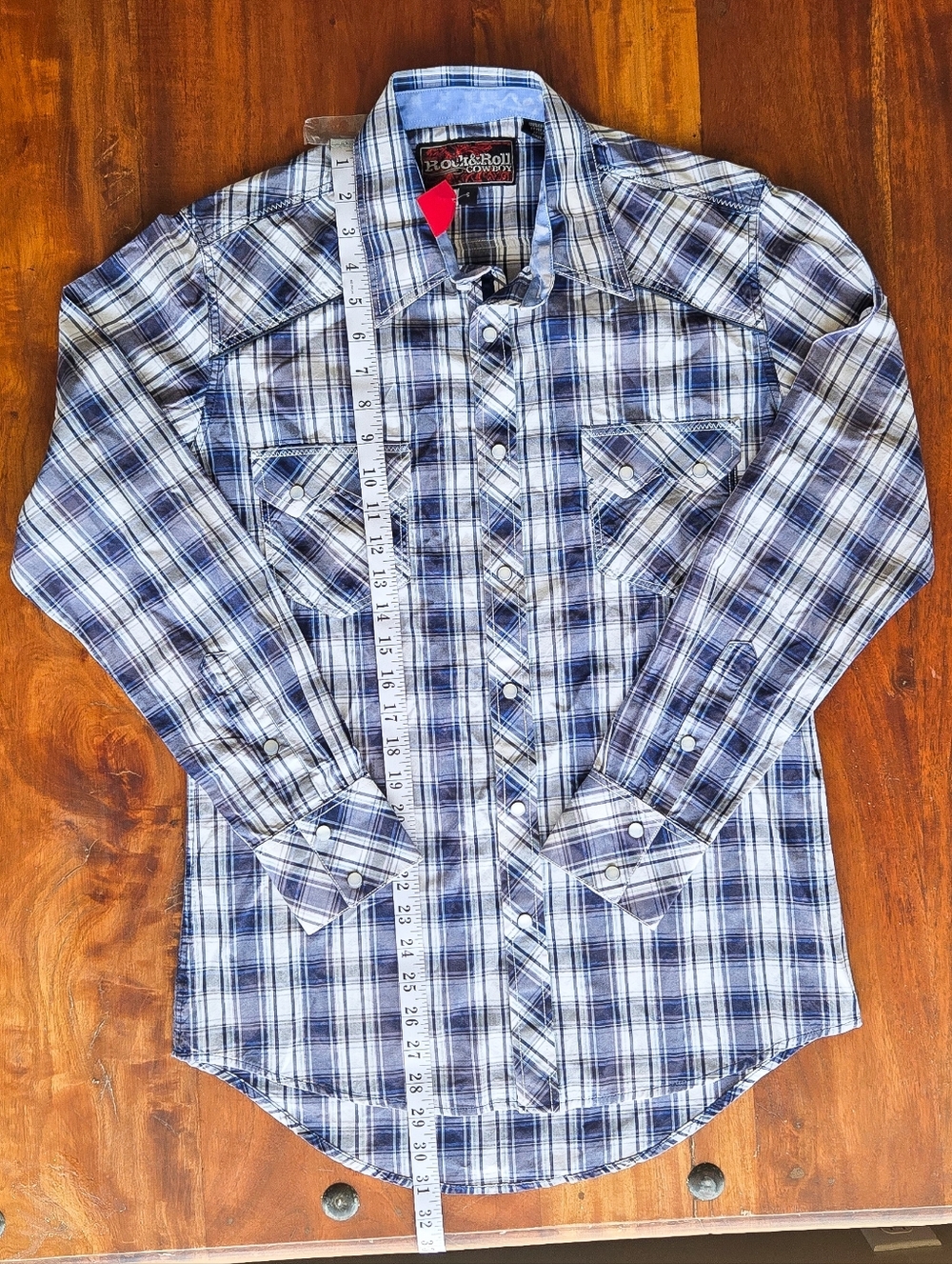 NWTRock & Roll Cowboy Blue Plaid Pearl Snap Western Button Down Shirt Small Mens